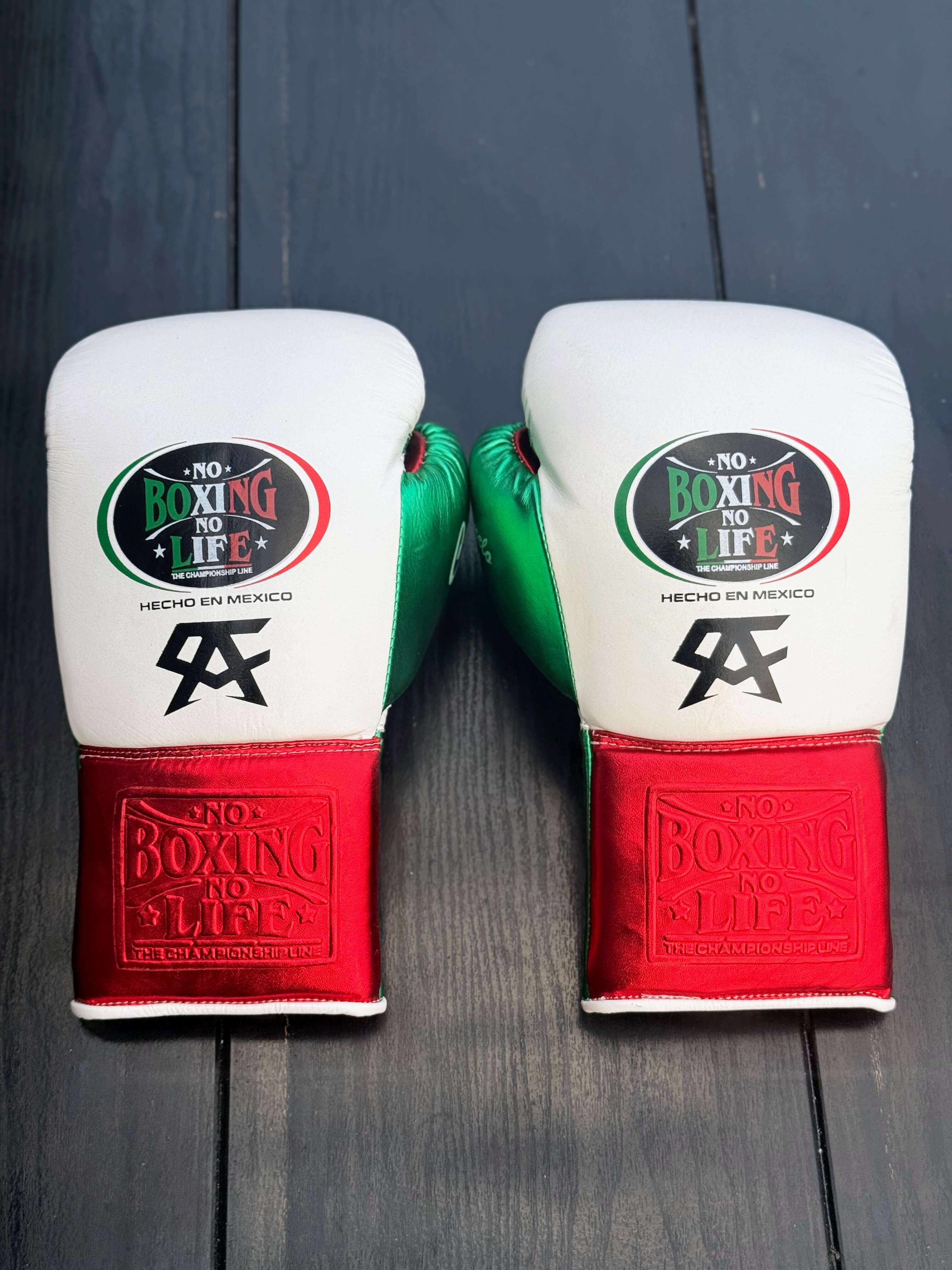 No Boxing No Life Boxing Gloves White/Red/Green 14oz Leather Training Gloves Back View