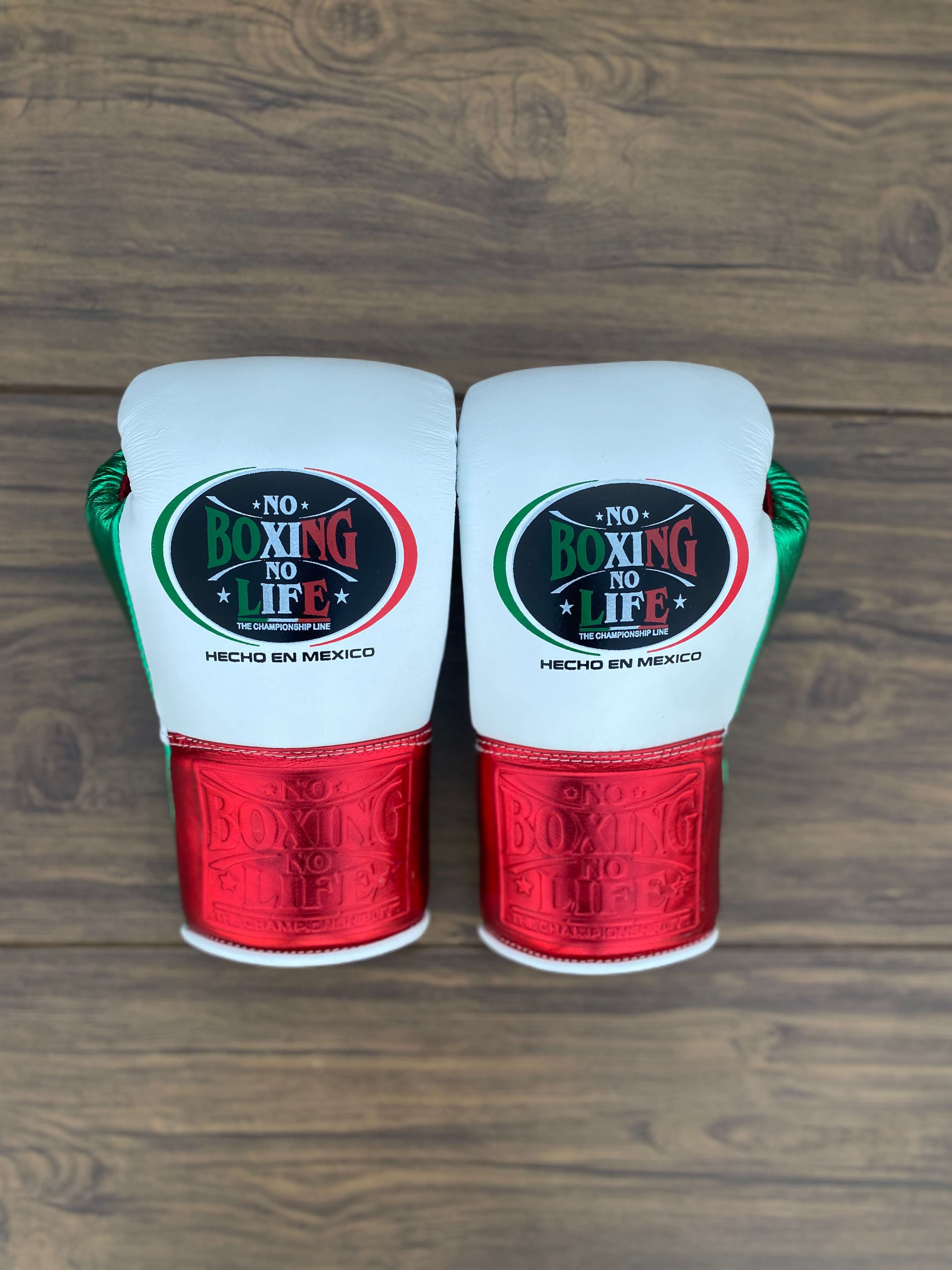No Boxing No Life Gloves White/Green/Red Leather Training Gloves Back View