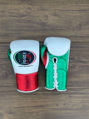 No Boxing No Life Gloves White/Green/Red Leather Training Gloves Front View