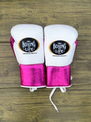 No Boxing No Life Gloves White/Pink Leather Gloves Back View