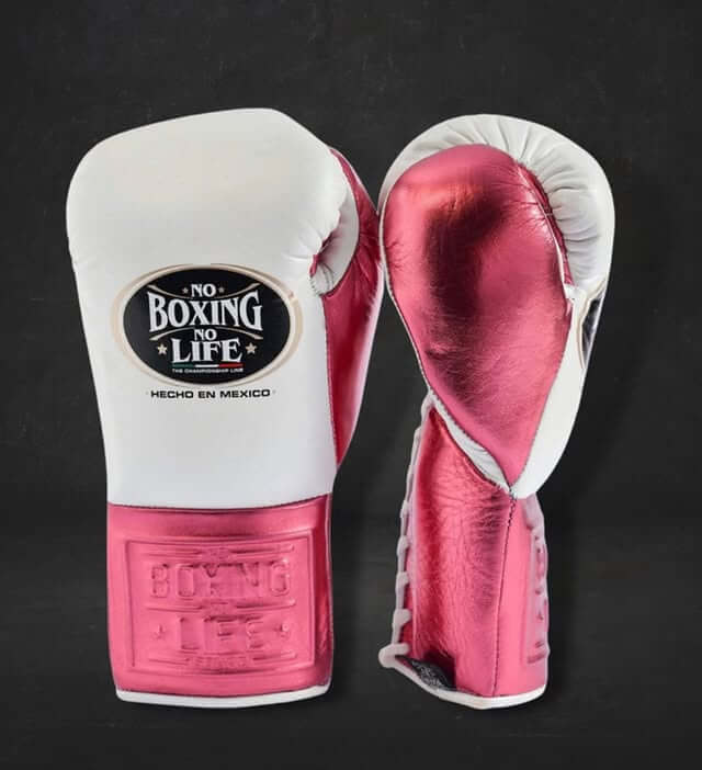 No Boxing No Life Boxing Gloves White/Pink on Hands Training Action Shot