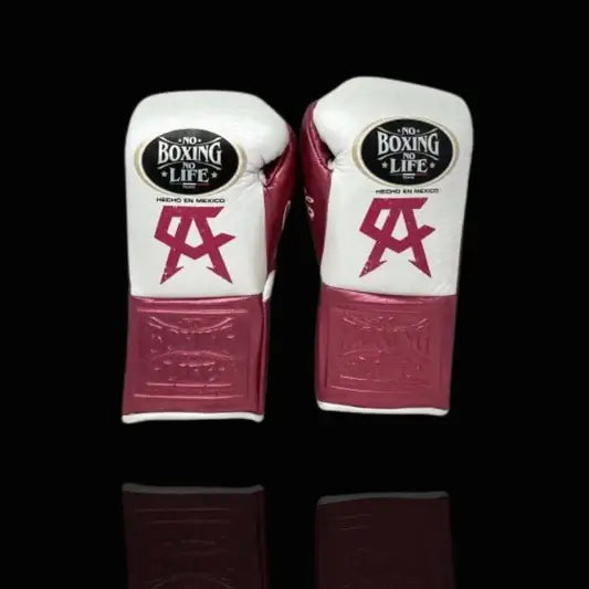 No Boxing No Life White/Pink Lace-Up Boxing Gloves Close Up Detail