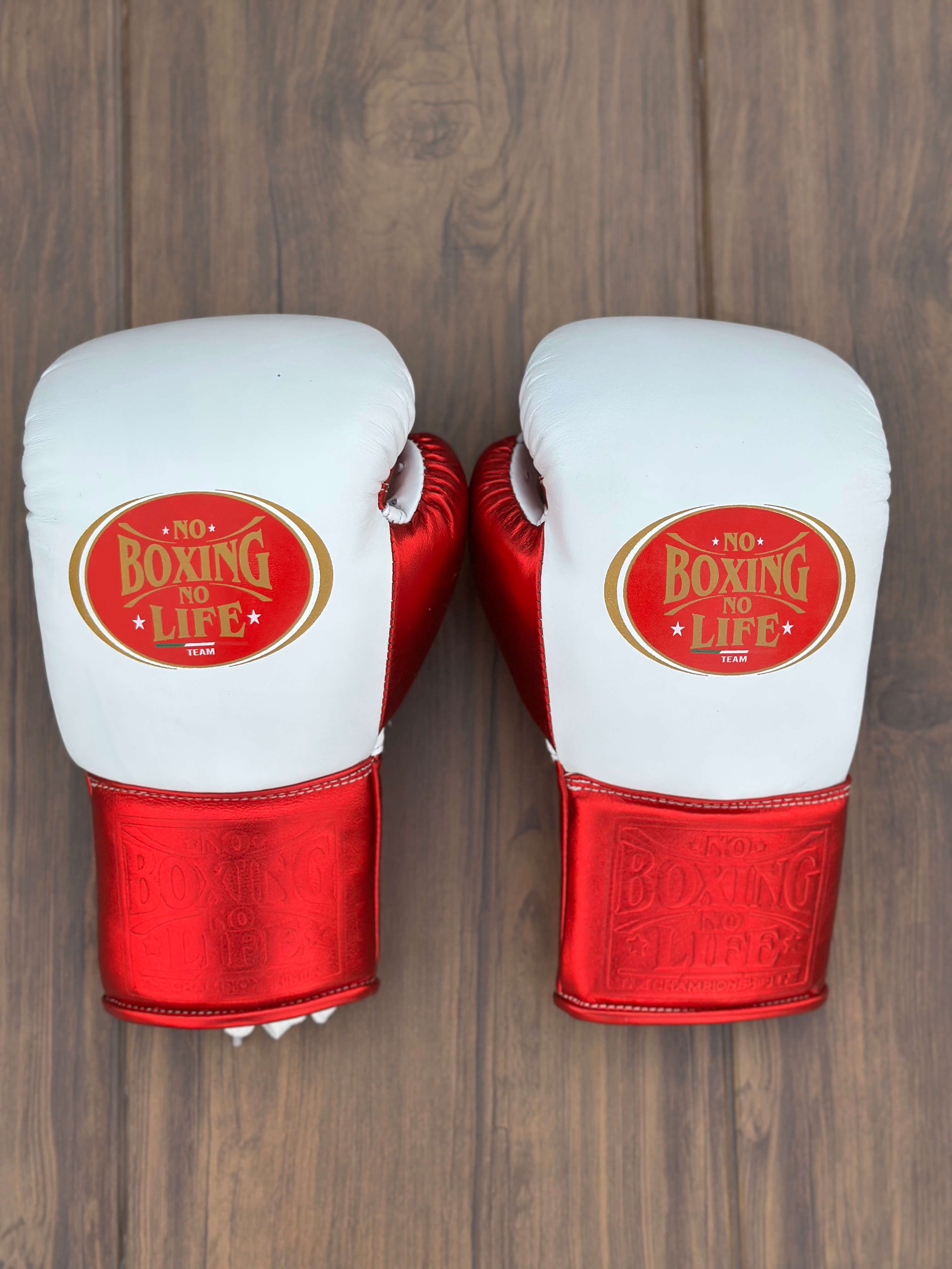 No Boxing No Life Gloves White/Red Lace Up Leather Gloves Back View