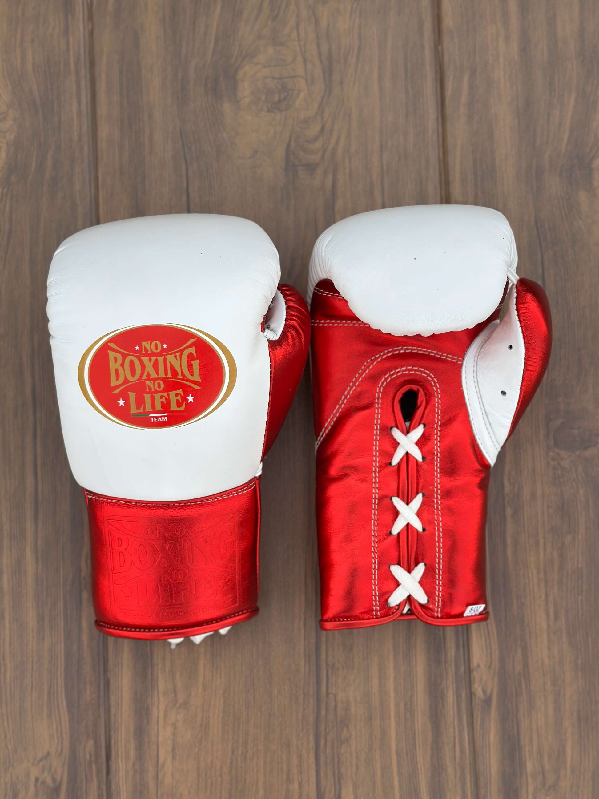 No Boxing No Life Gloves White/Red Lace Up Leather Gloves Front View