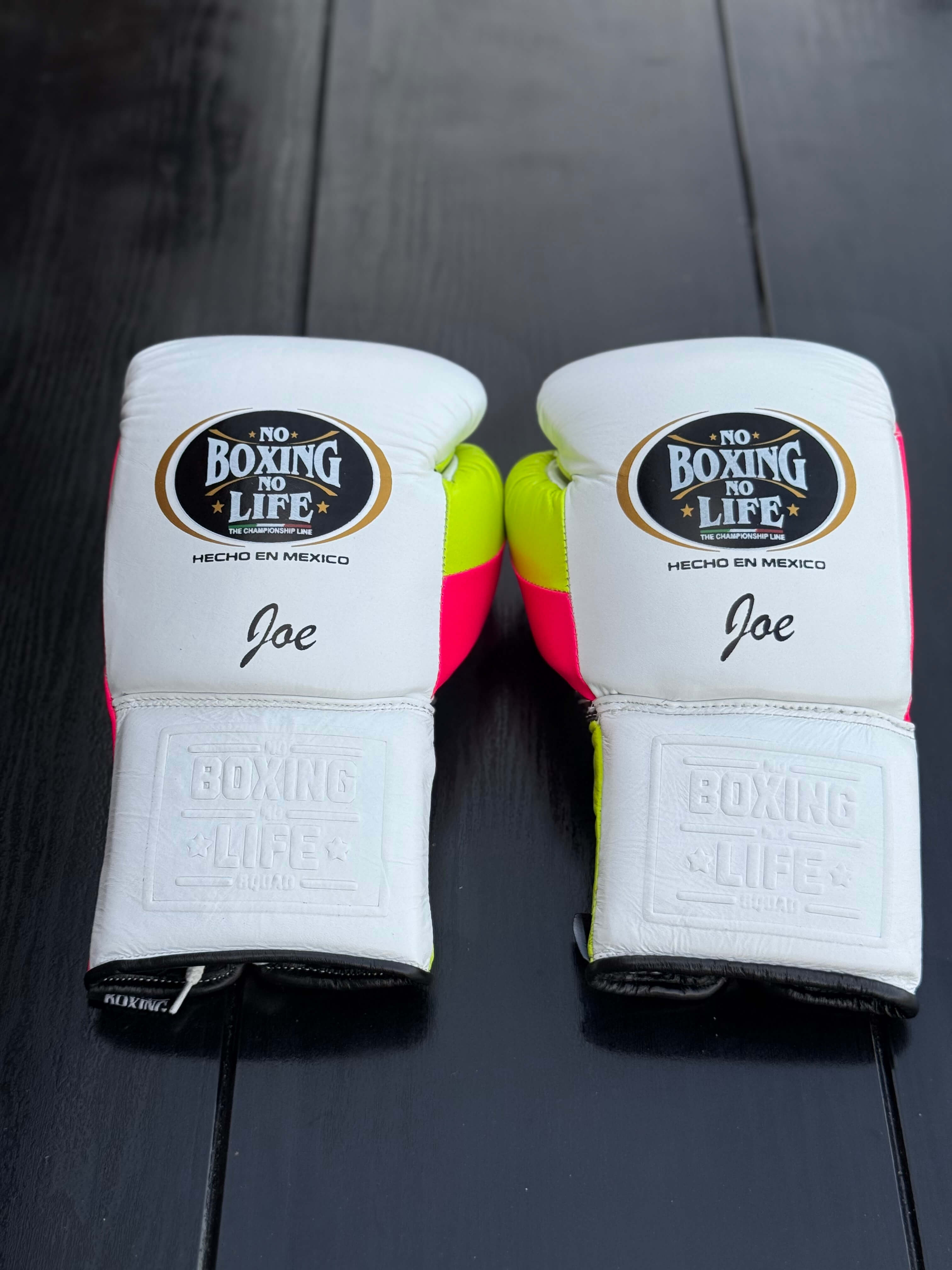 No Boxing No Life Gloves White/Yellow/Pink Leather Training Gloves Back View
