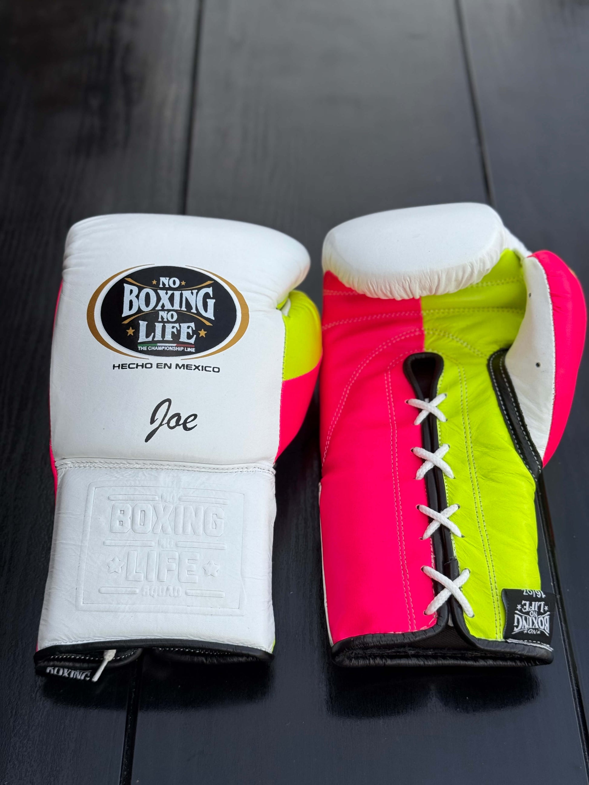 No Boxing No Life Gloves White/Yellow/Pink Leather Training Gloves Front View