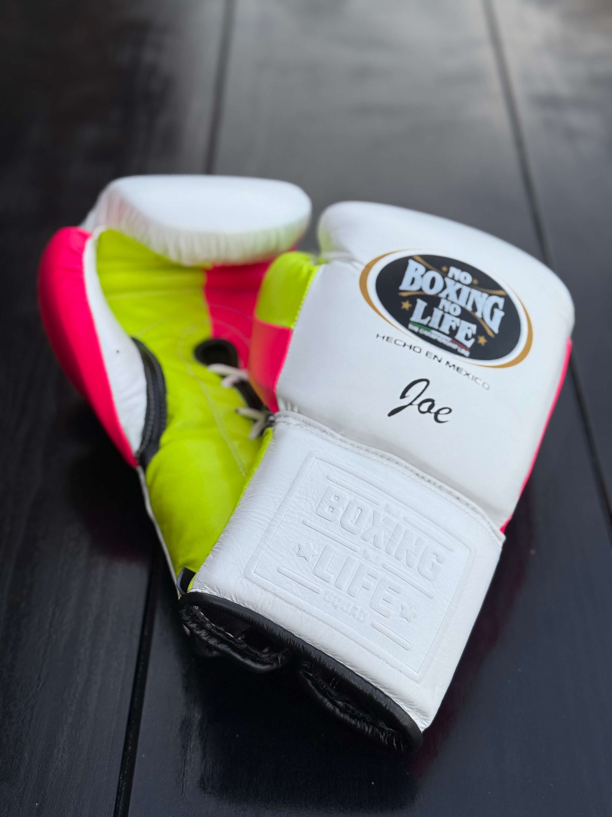 No Boxing No Life Gloves White/Yellow/Pink Leather Training Gloves for Sparring