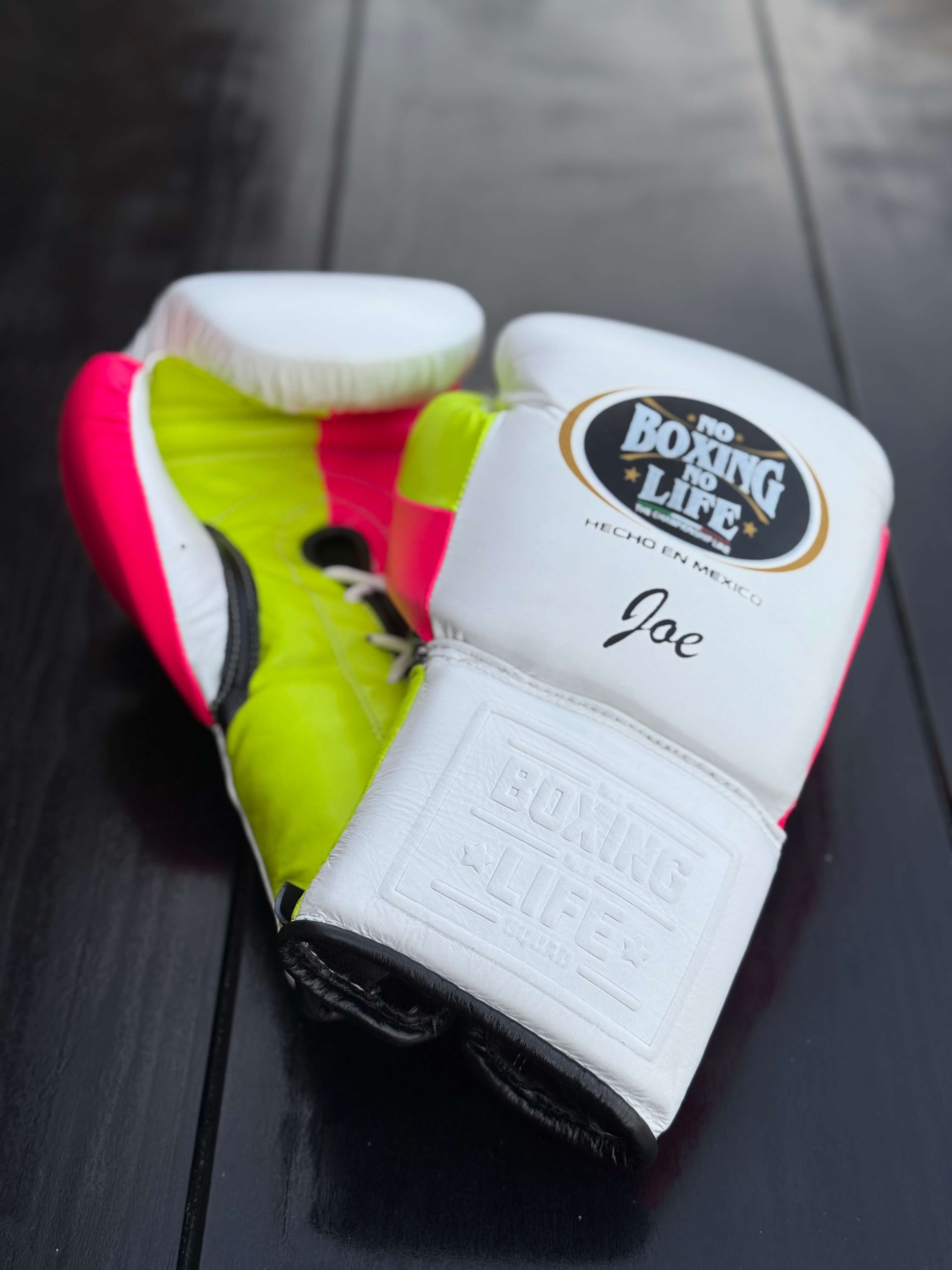 No Boxing No Life Gloves White/Yellow/Pink Leather Training Gloves for Sparring