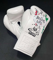 No Boxing No Life White Lace-Up Boxing Gloves Close Up Detail