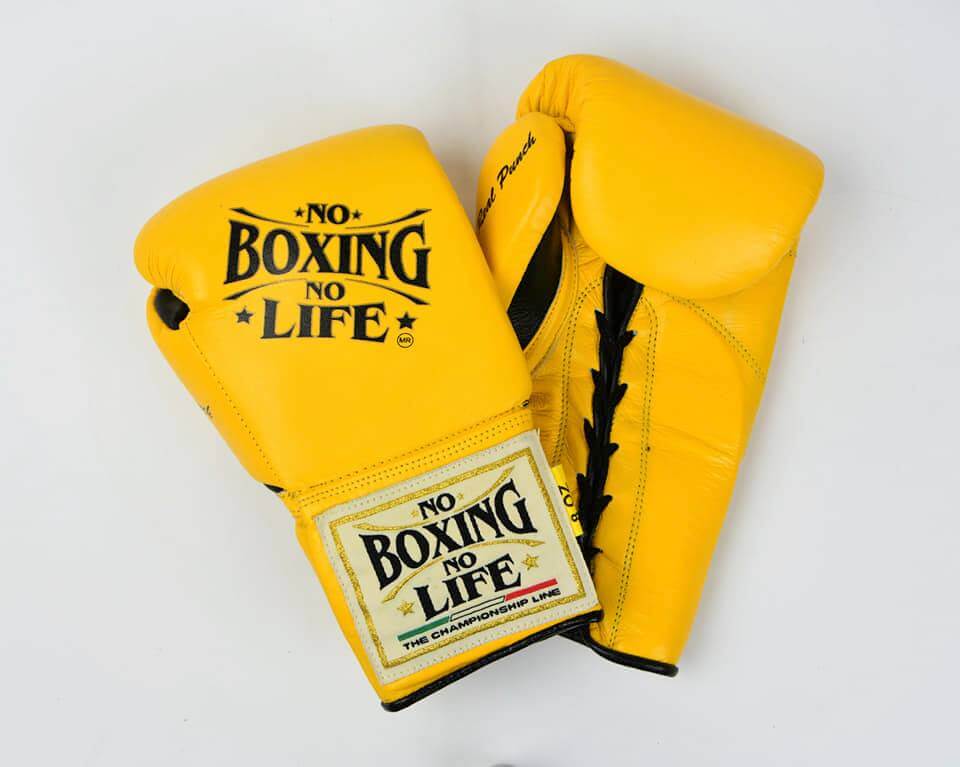 No Boxing No Life Yellow/Black Boxing Gloves Premium Leather Training Pair
