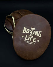 No Boxing No Life Brown Lace-Up Punching Mitts Close Up Detail
