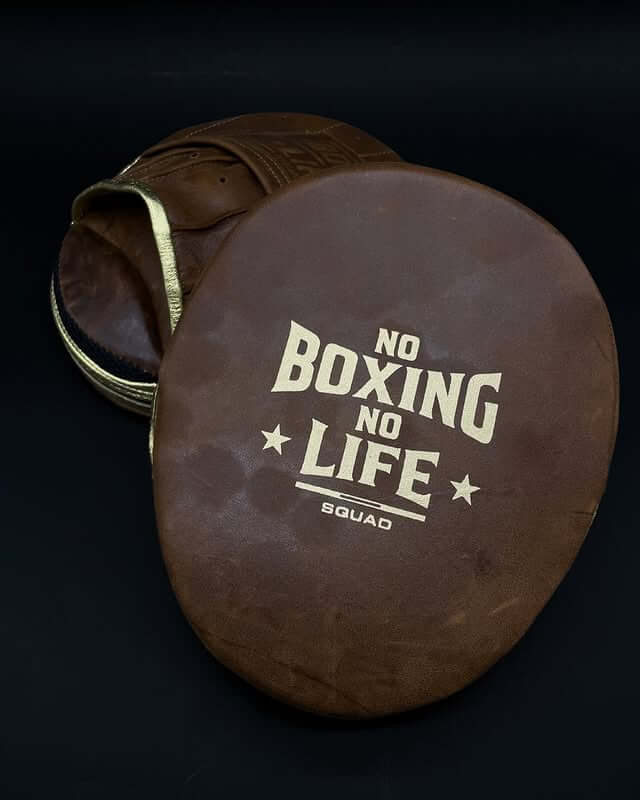 No Boxing No Life Brown Lace-Up Punching Mitts Close Up Detail