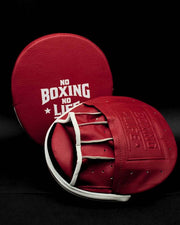 No Boxing No Life Punching Mitts Red/White on Hands Training Action Shot