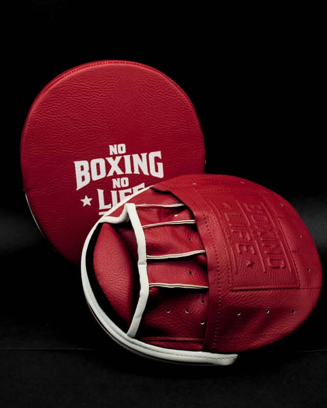 No Boxing No Life Punching Mitts Red/White on Hands Training Action Shot