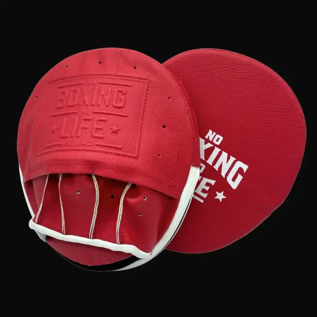 No Boxing No Life Punching Mitts Red/White on Hands Training Action Shot Front View