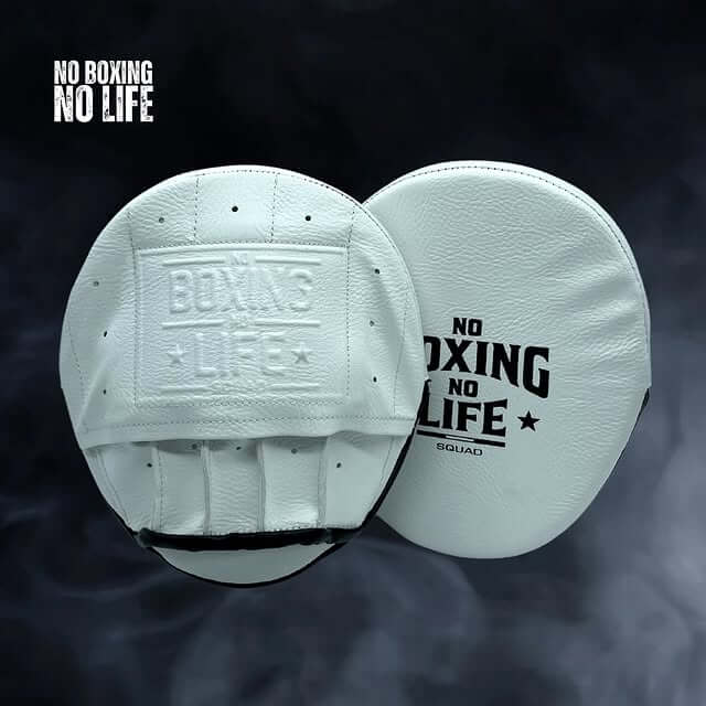 No Boxing No Life Punching Mitts White Training Focus Mitts Leather Pair Front View
