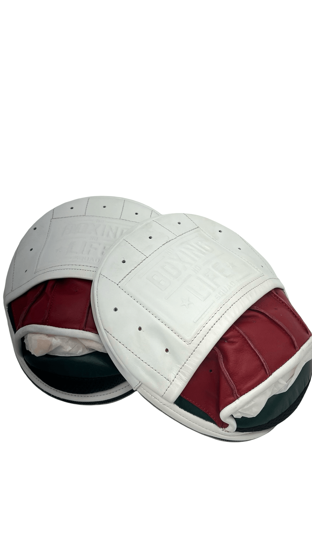 No Boxing No Life Green/White/Red Leather Punching Mitts Classic Design Pair Front View
