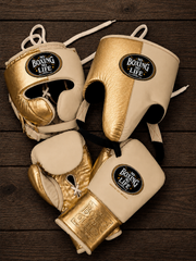 No Boxing No Life Boxing Set Beige/Gold Gym Training Gloves Headguard