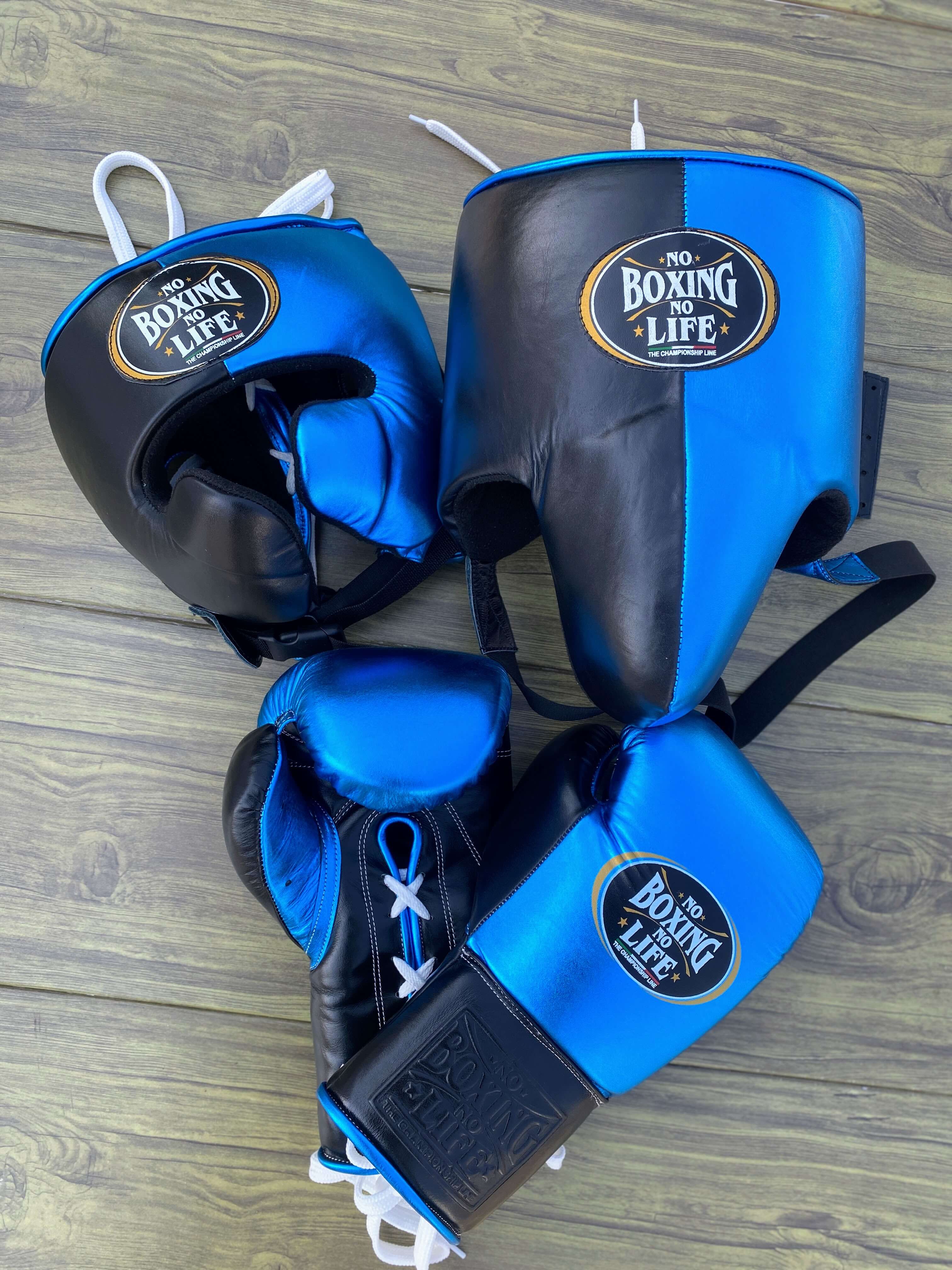 No Boxing No Life Boxing Set Blue/Black Lace-Up Gloves Headguard Kit