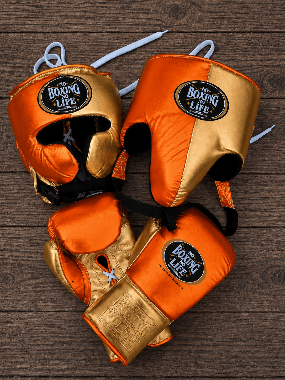 No Boxing No Life Boxing Set Orange/Gold Lace-Up Gloves Headguard Kit