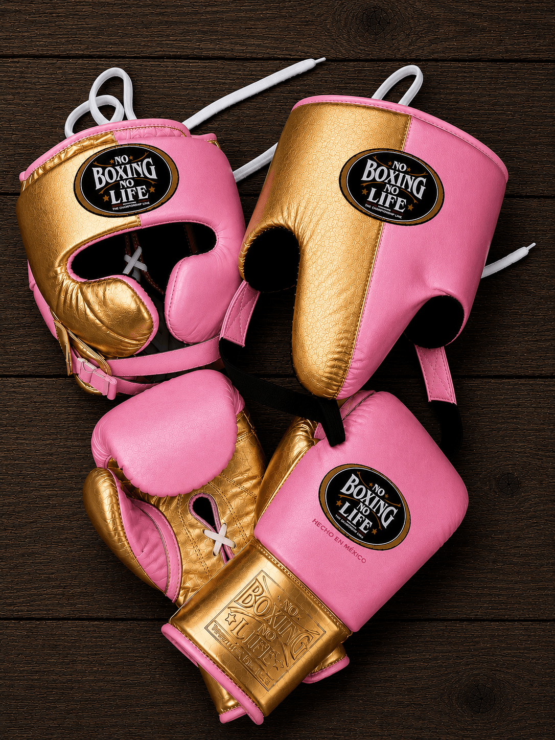 No Boxing No Life Boxing Set Gold/Pink 14oz Gloves with Headguard Training Kit