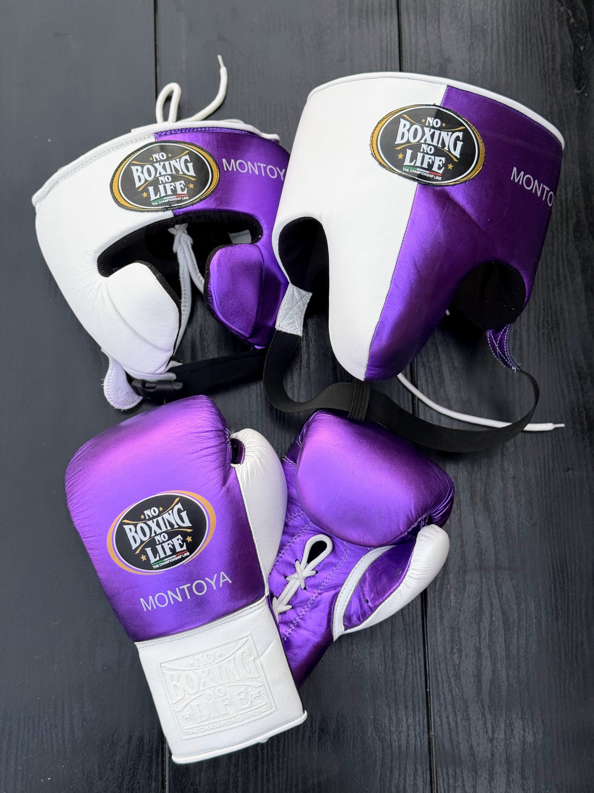 No Boxing No Life Set Purple/White  Leather Gloves and Mitts for Training