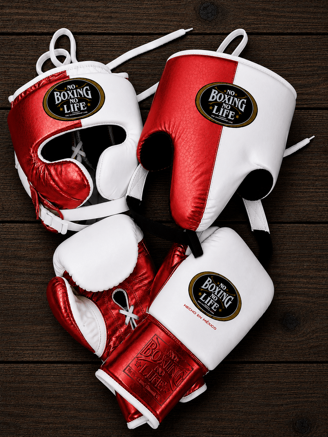 No Boxing No Life Boxing Set White/Red Lace-Up Gloves Headguard Kit