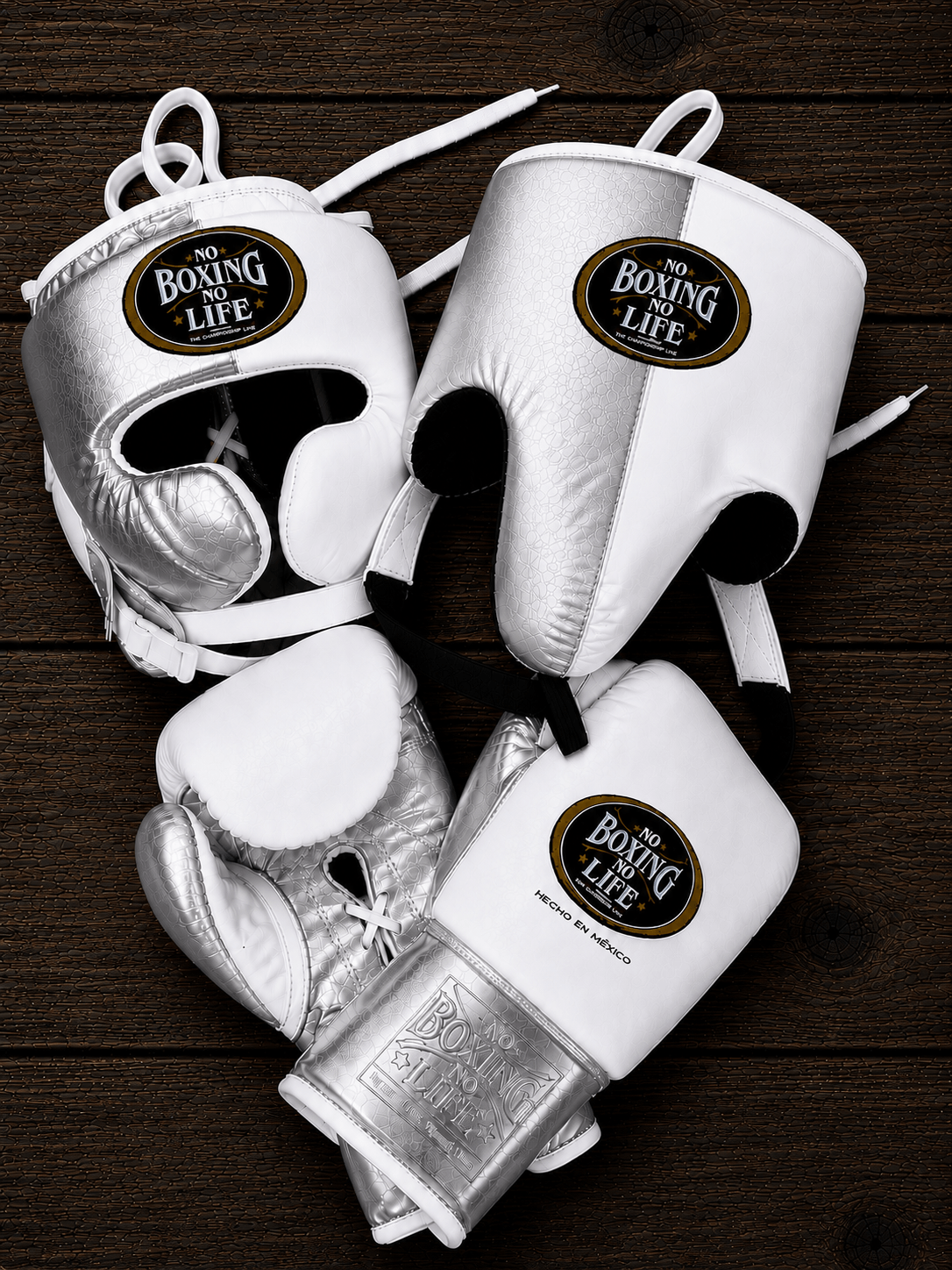 No Boxing No Life Boxing Set White/Silver 14oz Gloves with Headguard Training Kit