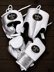 No Boxing No Life Boxing Set White/Silver 14oz Gloves with Headguard Training Kit