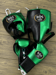 No Boxing No Life Boxing Set Black/Green Lace-Up Gloves Headguard Kit