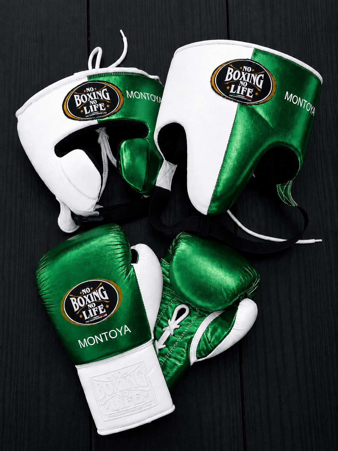 No Boxing No Life Boxing Set White/Green Gym Training Gloves Headguard