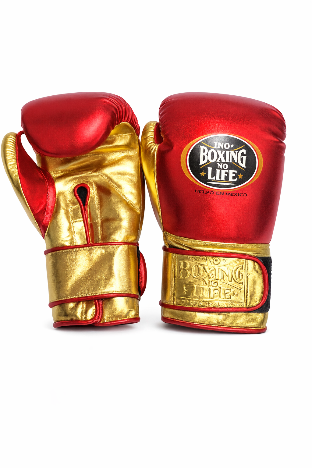 no boxing no life red/gold boxing gloves back front view professional sparring and training gear