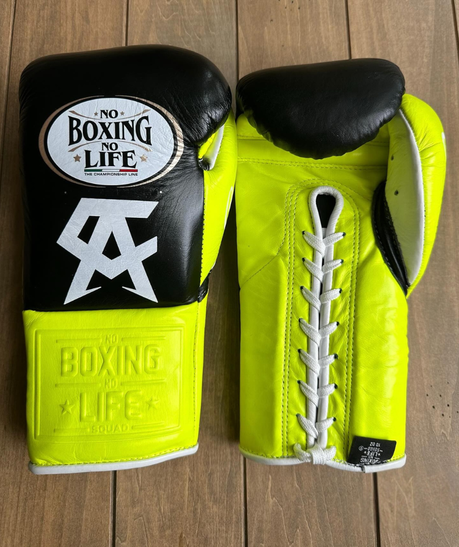 No Boxing No Life Black/Yellow Leather Boxing Gloves Heavy Duty Training Pair