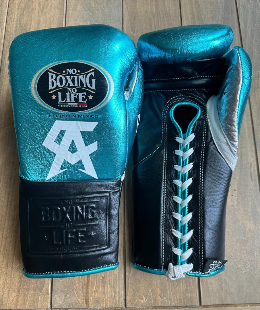 No Boxing No Life Blue/Black/Silver Leather Boxing Gloves Heavy Duty Training Pair