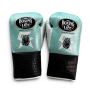 No Boxing No Life Teal/Black Lace-Up Boxing Gloves Close Up Detail