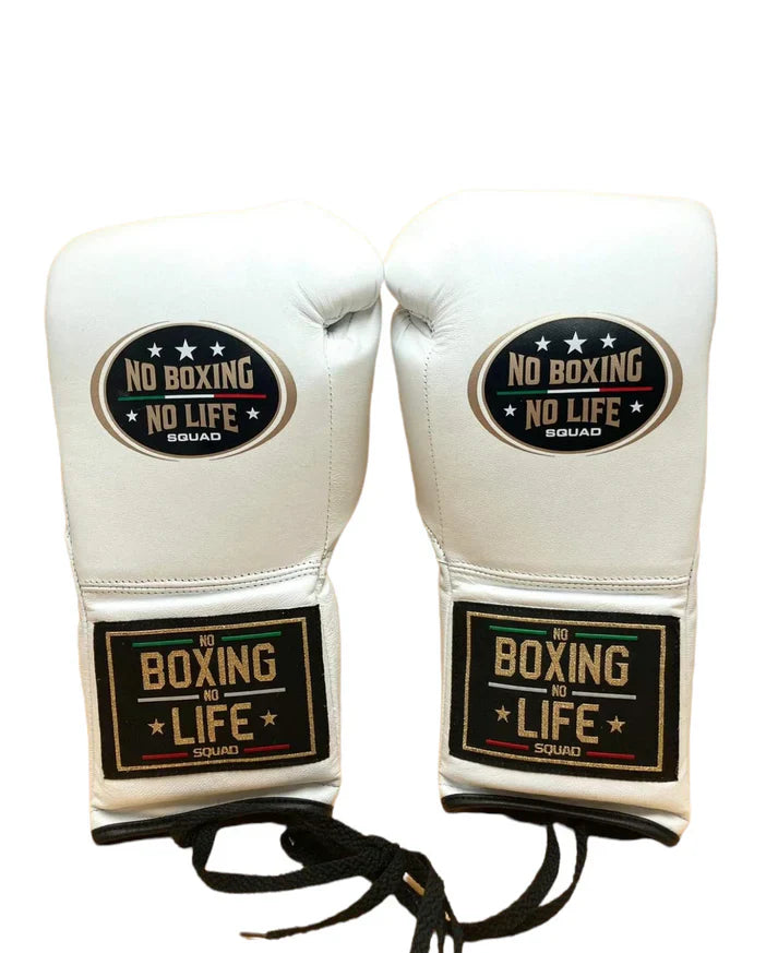 No Boxing No Life White Leather Boxing Gloves Heavy Duty Training Pair