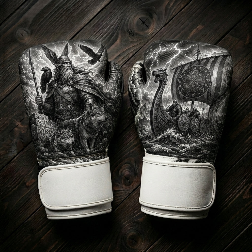 Black and white boxing gloves featuring a Norse Viking god Odin with ravens and wolves, and a Viking longship with runic compass art design for combat sports training.
