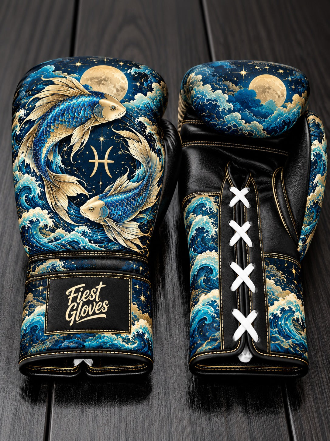 Fiest Gloves custom lace-up boxing gloves featuring twin golden koi fish, Pisces zodiac symbol, celestial full moon, and Japanese ocean waves.
