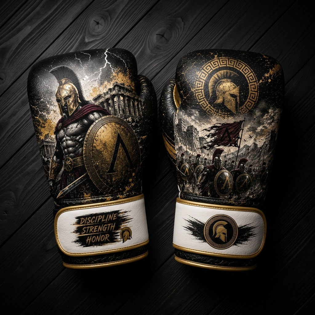 Black and gold boxing gloves featuring a Spartan warrior, army march, and Greek architecture theme for combat sports training.