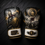 Black and gold boxing gloves featuring a Spartan warrior, army march, and Greek architecture theme for combat sports training.