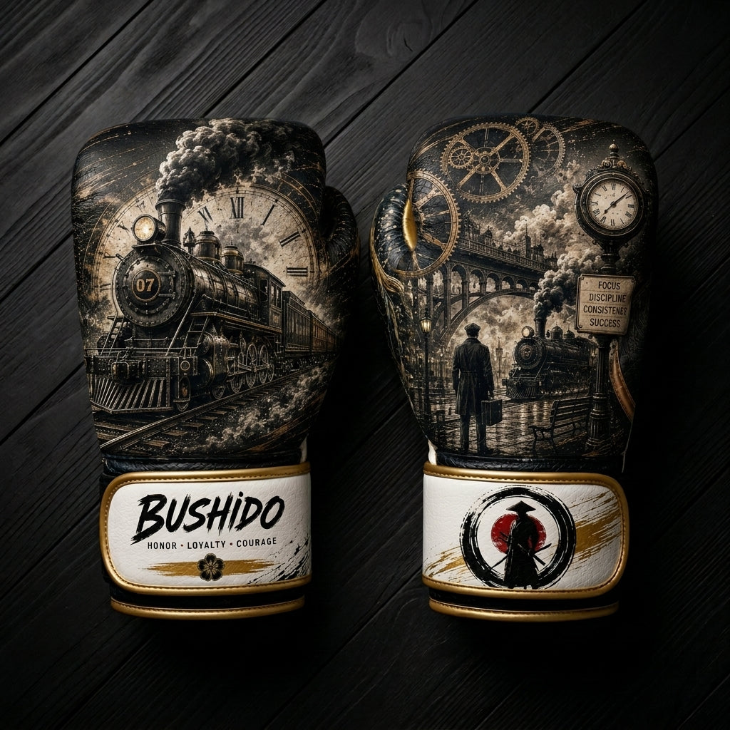 Black and gold boxing gloves featuring a vintage steam locomotive train, pocket watch gears, a railway station platform, and Bushido text branding for combat sports training.