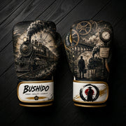 Black and gold boxing gloves featuring a vintage steam locomotive train, pocket watch gears, a railway station platform, and Bushido text branding for combat sports training.