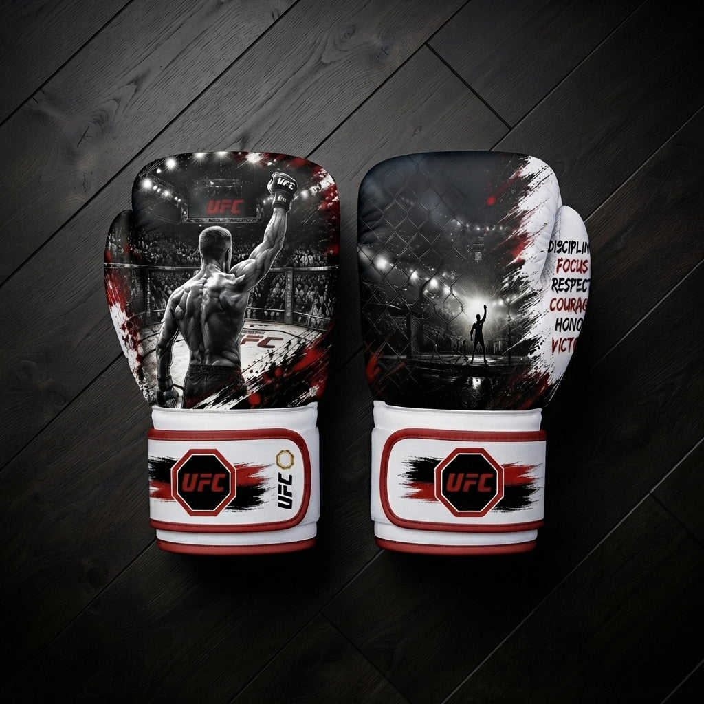 Black, white, and red boxing gloves featuring a victorious MMA fighter celebrating inside the UFC octagon cage under arena lights, with motivational core values typography for combat sports training.