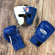 Winning White/Blue Complete Boxing Set, Training Gloves + Headguard + Groin Protector