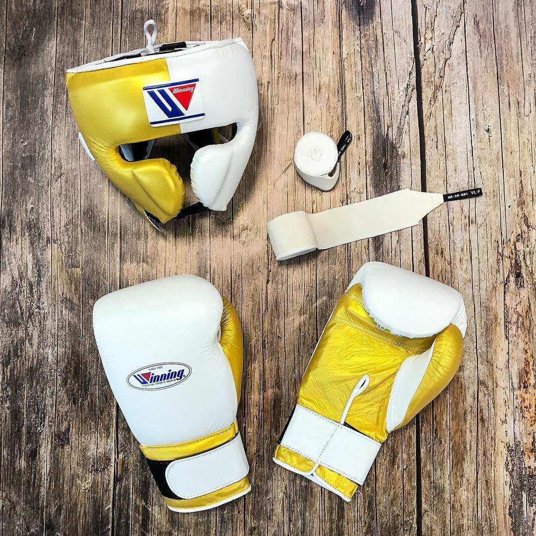 Affordable Winning Full Gloves Set White/Gold with Headguard