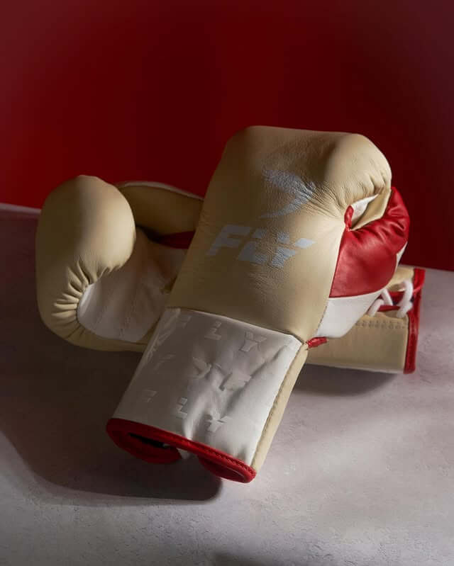 Fly Beige/Red/White Boxing Gloves Premium Leather Training Pair