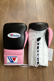 Winning Black/White-Pink boxing gloves premium leather fight gear