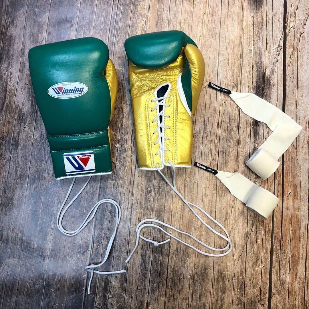 Winning Green/Gold Boxing Gloves Premium Leather Training Pair