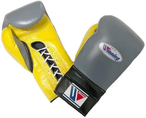 Winning Boxing Gloves Grey/Black/Yellow 14oz Leather Training Gloves