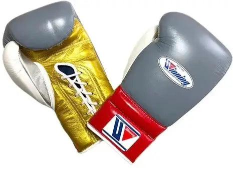 Winning Grey/Gold/Red/White Full View Leather Boxing Gloves